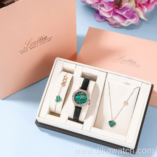 Top Fine Women's Fashion Watch Set with Small Dial Green Watch Bracelet Necklace + Gift Box Luxury Jewelry Gift Set For Ladies